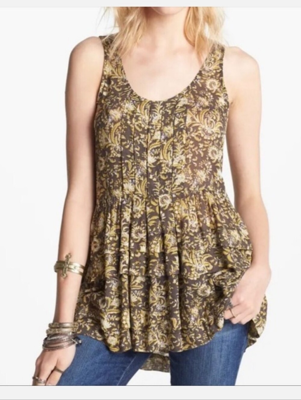 Intimately Free People Brown & Gold Pleated Floral Camisole Small